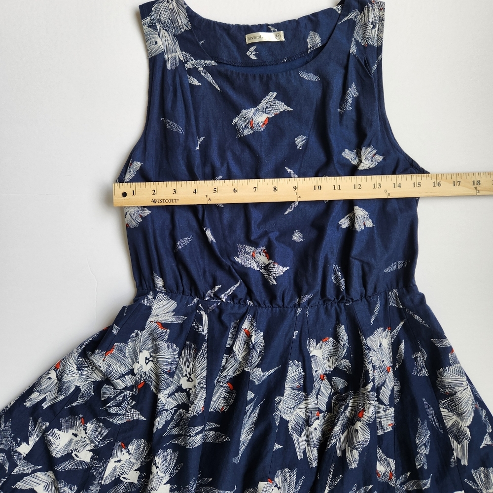 Lavand Navy Blue Dress White Orange Print Sleeveless Cutout Back Mini Medium - Picture 13 of 16